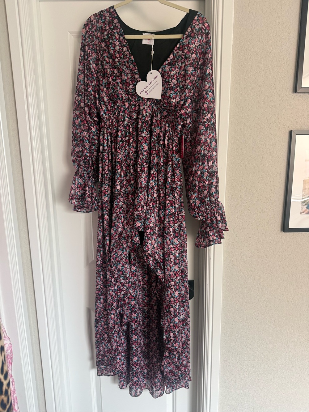 Floral Long Sleeve Maxi Dress in Pink & Black